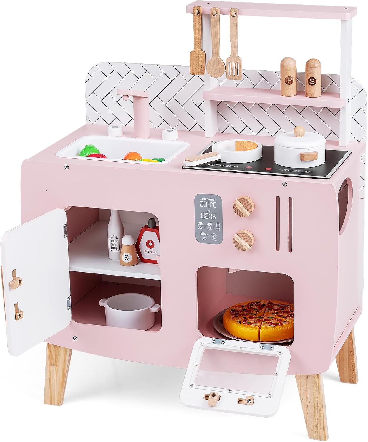 Costzon Kids Kitchen Playset, Toddler Interactive Pretend Play Toy w/Oven, Stove, Sink, Faucet, Storage Space, Cooking Accessories, Wooden Play Kitchen for Kids 3+, Gift for Boys & Girls, Pink