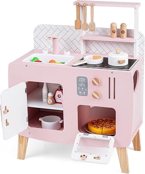 Costzon Kids Kitchen Playset, Toddler Interactive Pretend Play Toy w/Oven, Stove, Sink, Faucet, Storage Space, Cooking Accessories, Wooden Play Kitchen for Kids 3+, Gift for Boys & Girls, Pink