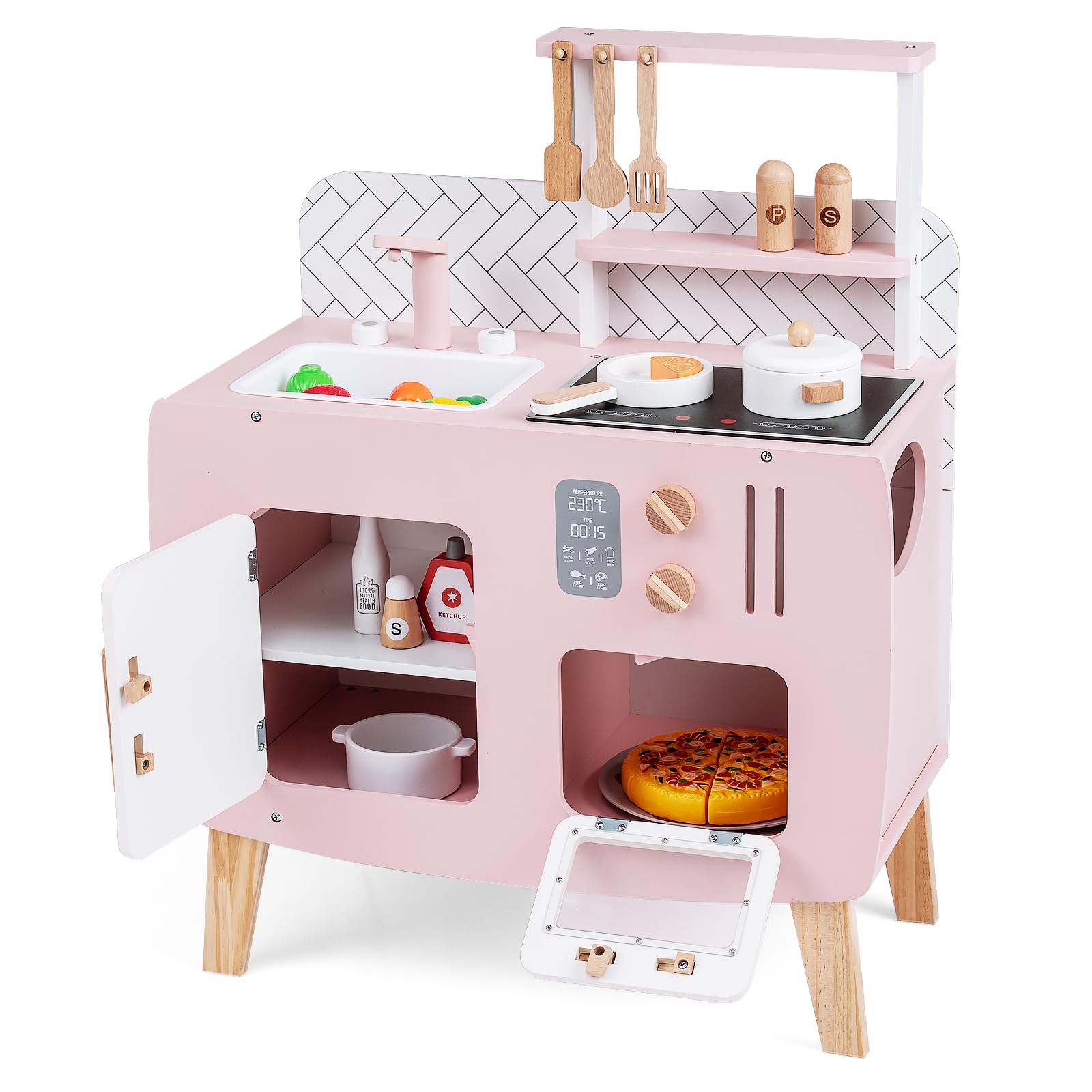 GOPLUS Cuisine Enfant, Cuisine en Bois Enfant avec Four, Cuisinière, Évier, Robinet et Ustensiles de Jeu, Jouet Montessori avec Armoire & Étagère, pour Garçons Filles 3+ Ans