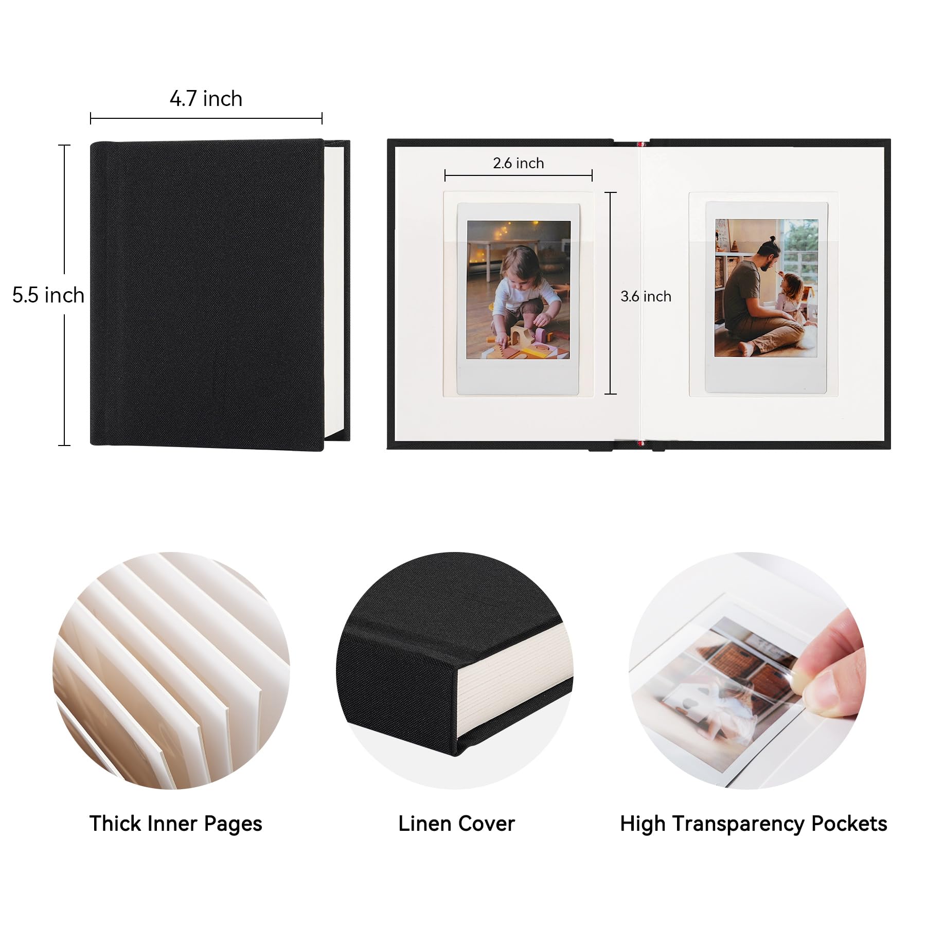 Instax Mini Fotoalbum mit Platz zum Schreiben, Leinen Hardcover Polaroid Fotoalbum 28 Taschen für 2x3 Bilder, Polaroid Album Buch für Fujifilm Instax Mini Sofortbildkamera (Schwarz)