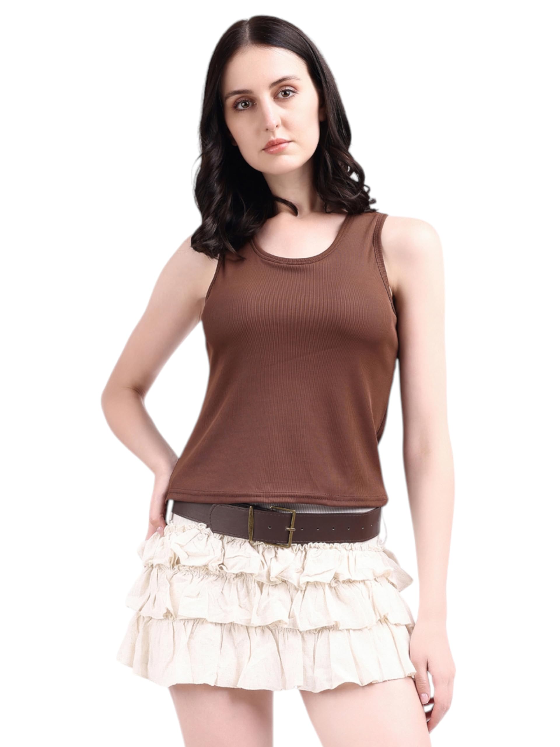 Women's Padded Solid Round Neck Ribbed Knit Tank Top, Sleeveless Slim Fit Stretch Top, Activewear Top for Gym, Casual Outings, Holidays & Travel-image-15