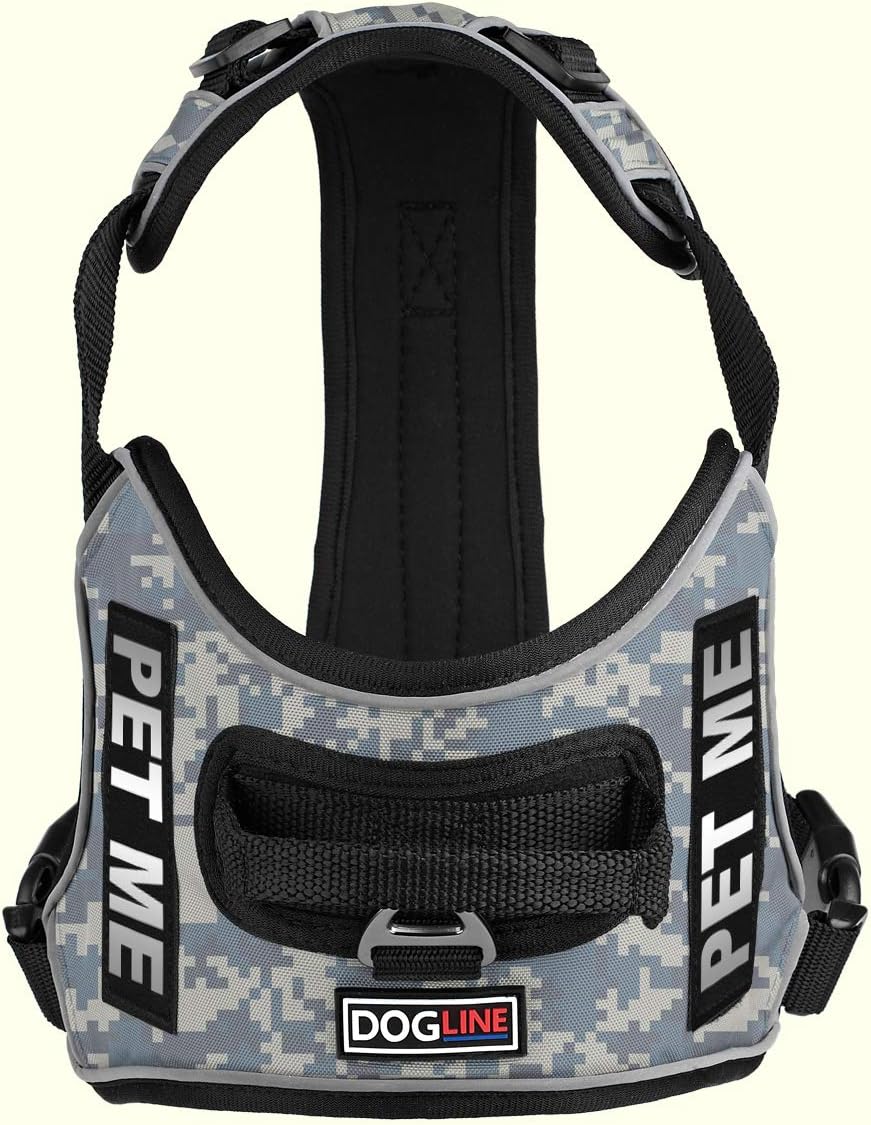 Dogline Quest No-Pull Dog Harness with Pet Me Reflective Removable Patches Soft Comfortable Dog Vest with Quick Release Dual Buckles Black Hardware and Handle 18 to 22 inches UrbanCamo