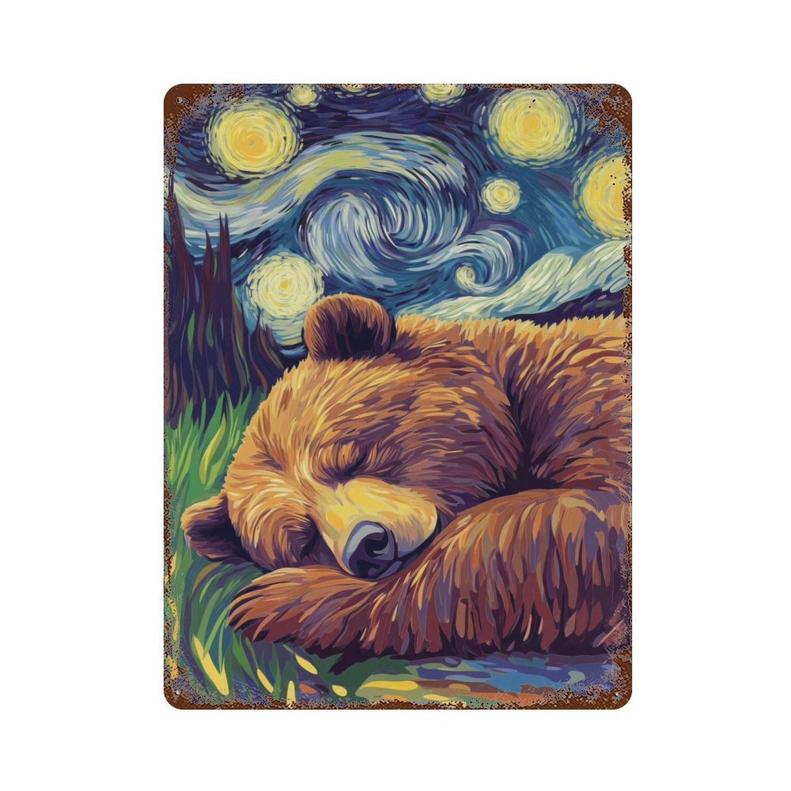 Bear Sleeping Under Starry Night Vintage Rust Metal Sign 15.7"x11.8", Farmhouse Wall Decor for Garage, Pub Or Kitchen