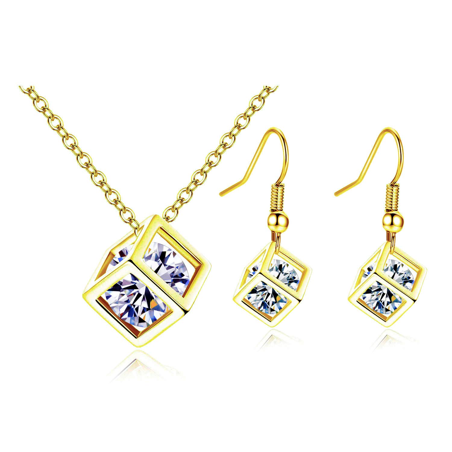 18K Gold Plated Square-Box with Simulated Diamond Earrings+Necklace Set