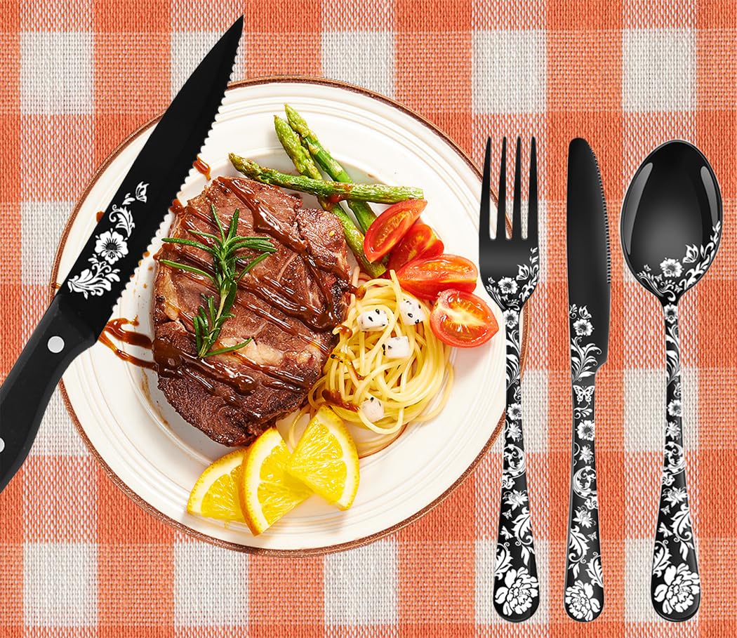 XIAOYU Juego de Cubiertos de 48 Piezas con Cuchillos para Carne, Juego de Cubiertos de Acero Inoxidable para 8 Personas, Juego de Cucharas, Tenedores y Cuchillos con láser único de Flor de peonía
