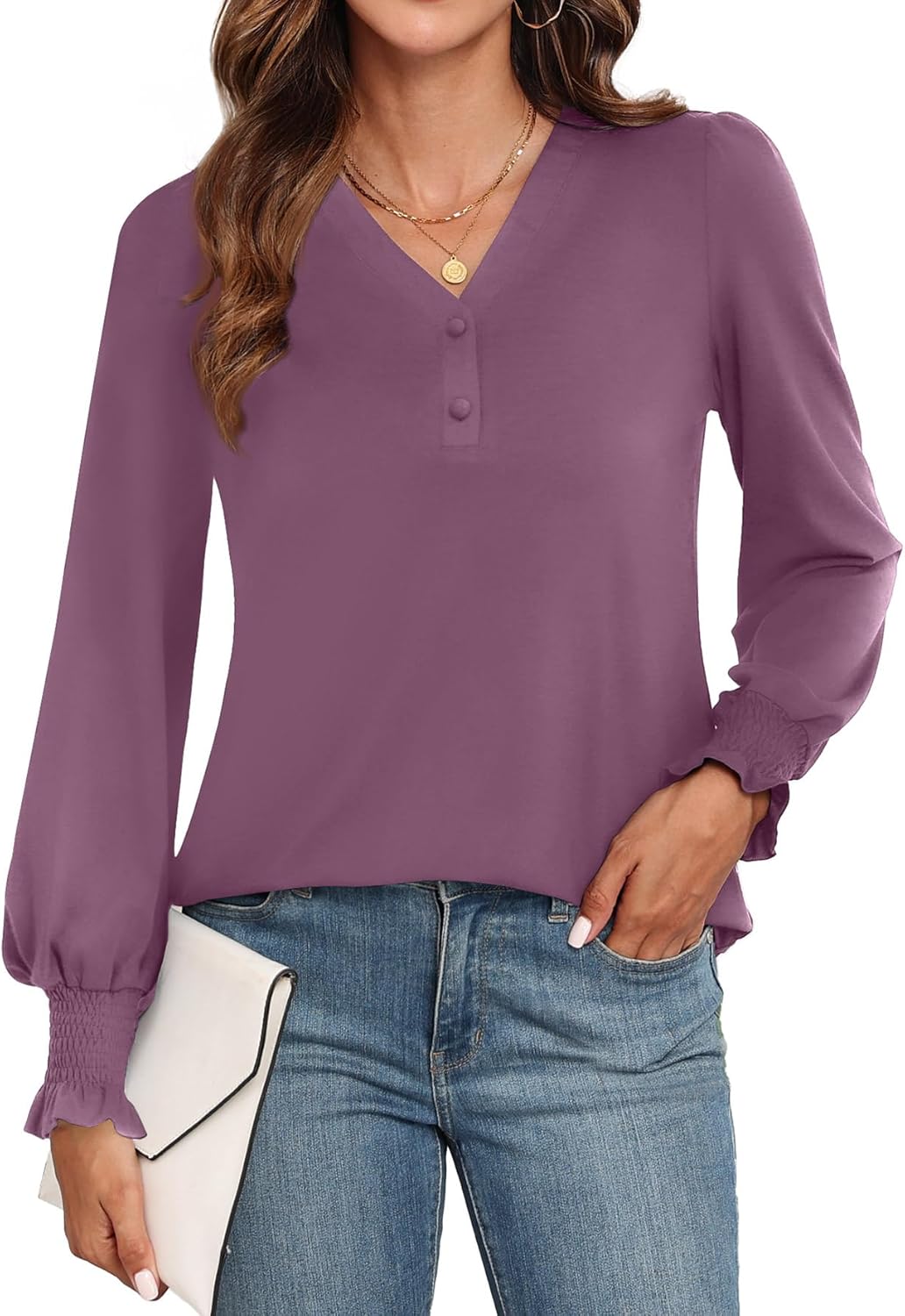 WEACZZY Womens Tops Long Sleeve Fall Shirts for Women Dressy Casual Button V Neck Tunic Blouse Ruffle Cuffs T-Shirts 2025 - Image 2