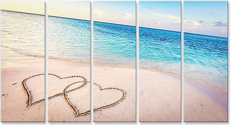 Amazon De Islandburner Bild Bilder Auf Leinwand Zwei Herzen Auf Sand Von Einem Tropischen Strand Bei Sonnenuntergang Gezeichnet Wandbild Leinwandbild Poster Dvw