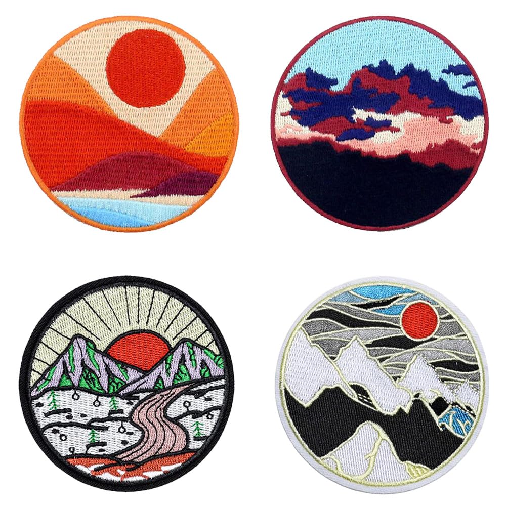 4 Pcs Sunrise from Mountain Vintage Emblem Patch Iron On Sew On Colour Embroidered Fastener Cute Style Funny Applique Tactical Military Patches for Jacket,Hats,Vest,Bags,Clothes,Jeans,Backpacks
