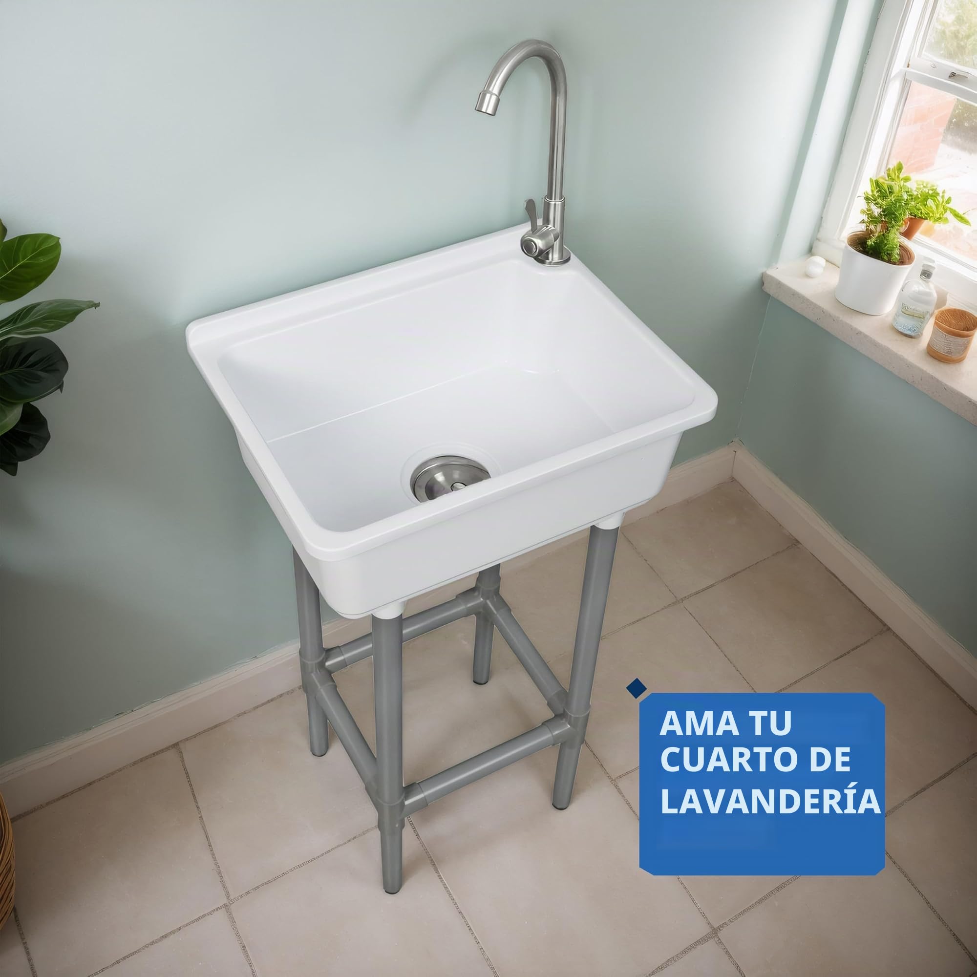 Fregadero independiente de un solo cuenco, fregadero de cocina montado en la pared, tina de lavandería de 16.9 x 12.8 pulgadas con agujero de grifo de 1.26 pulgadas, fregaderos de plástico para el