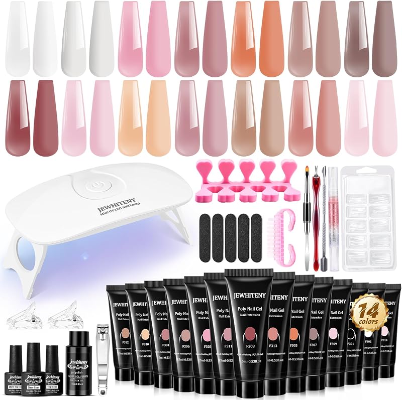 Poly Extension Gel Nail Kit 14 PCS Poly Gel Kit with Slip Solution and Mini Lamp Nail Art Design Beginner