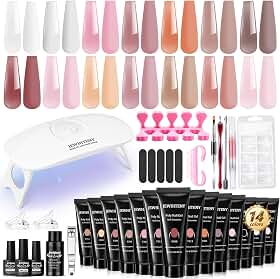 JEWHITENY Poly Extension Gel Nail Kit 14 PCS Poly Nail Gel Kit with Slip Solution and Mini Lamp Nail Art Design Beginner Kit