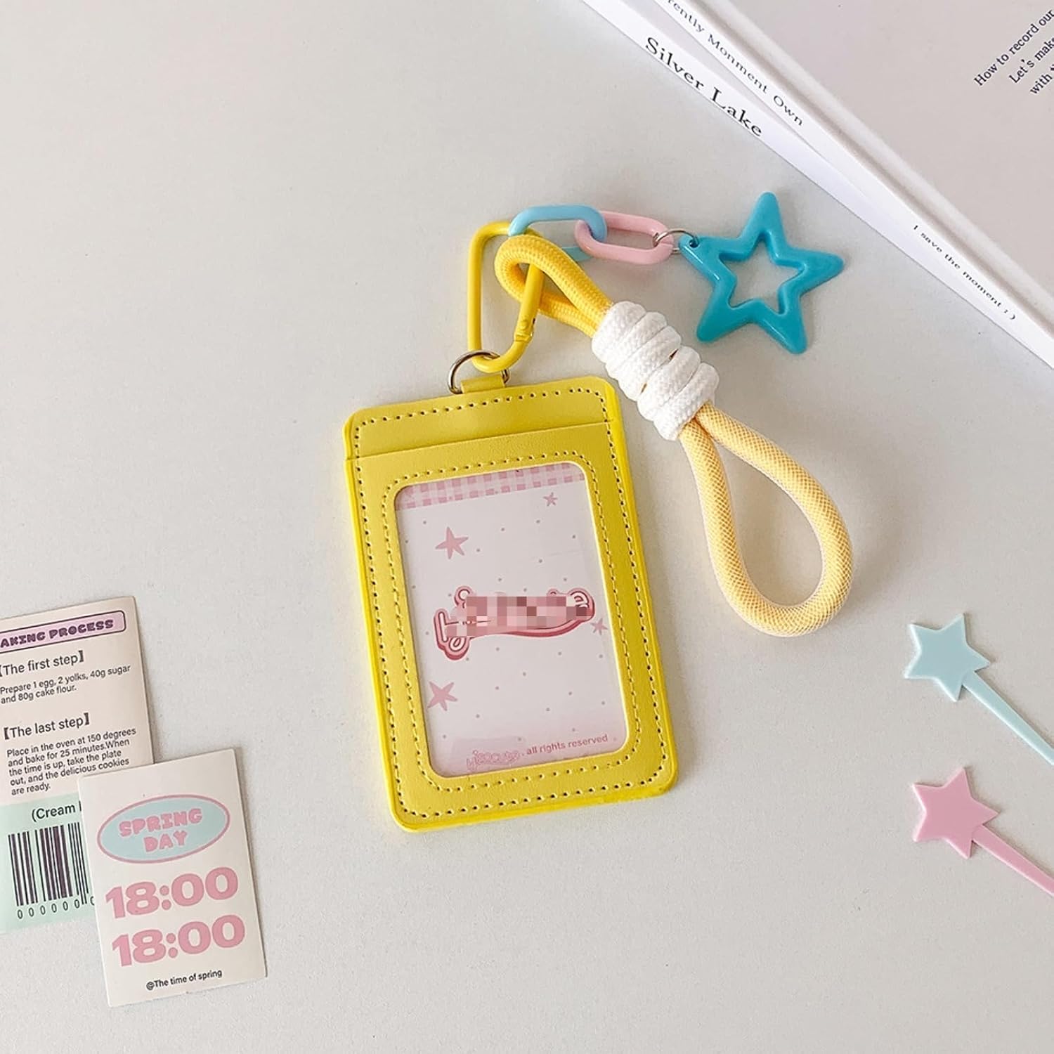 Cute Kpop Photocard Holder, PU Leather ID Badge Holder with Wrist Lanyard for Anime Card School ID Credit Card (Yellow) image 2