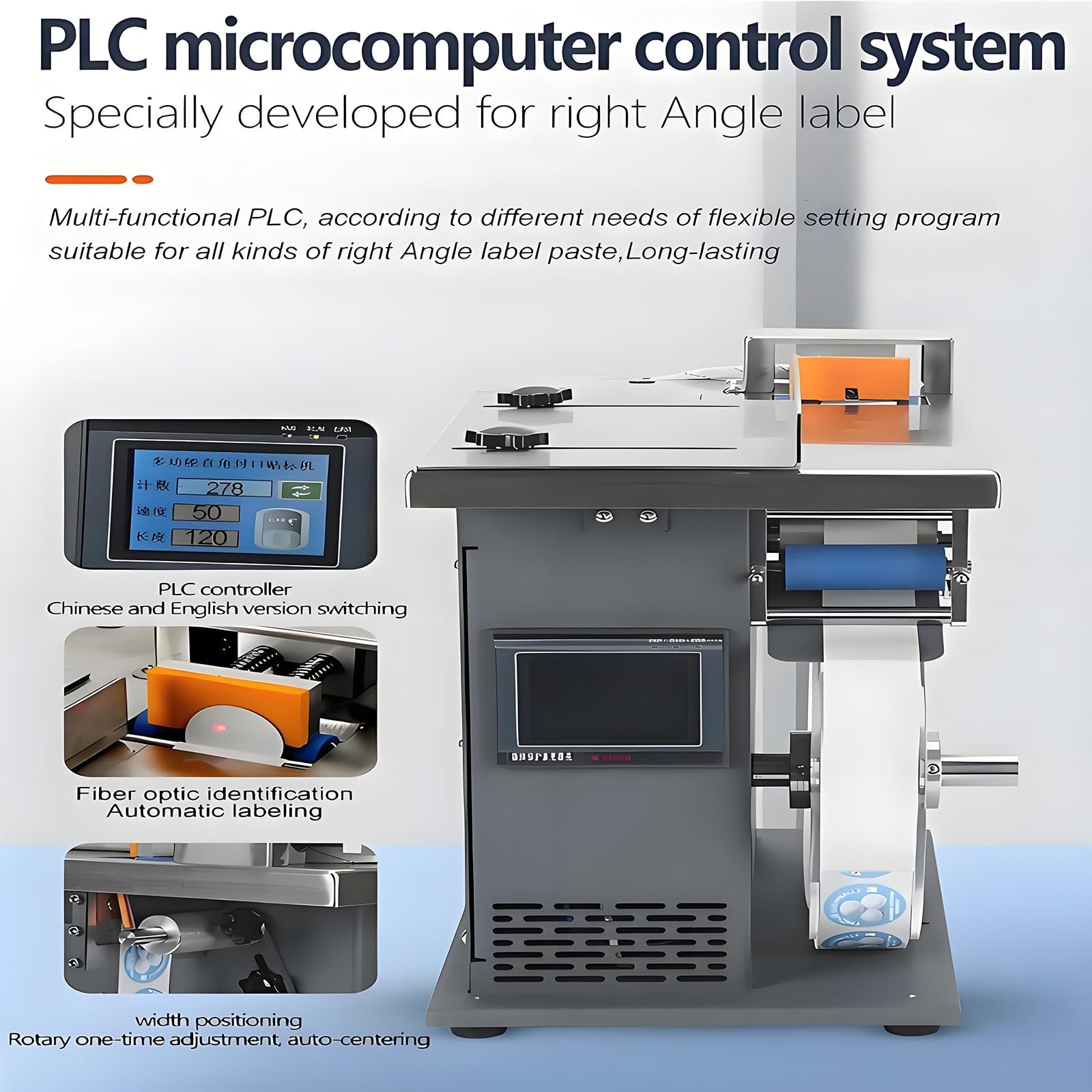 Etichettatrice semiautomatica ad angolo retto, applicatore di etichette angolari a 90 ° con controllo PLC, touch screen, precisione ± 0,5 mm, 15-30 pezzi/min per imballaggi cosmetici ed elettronici