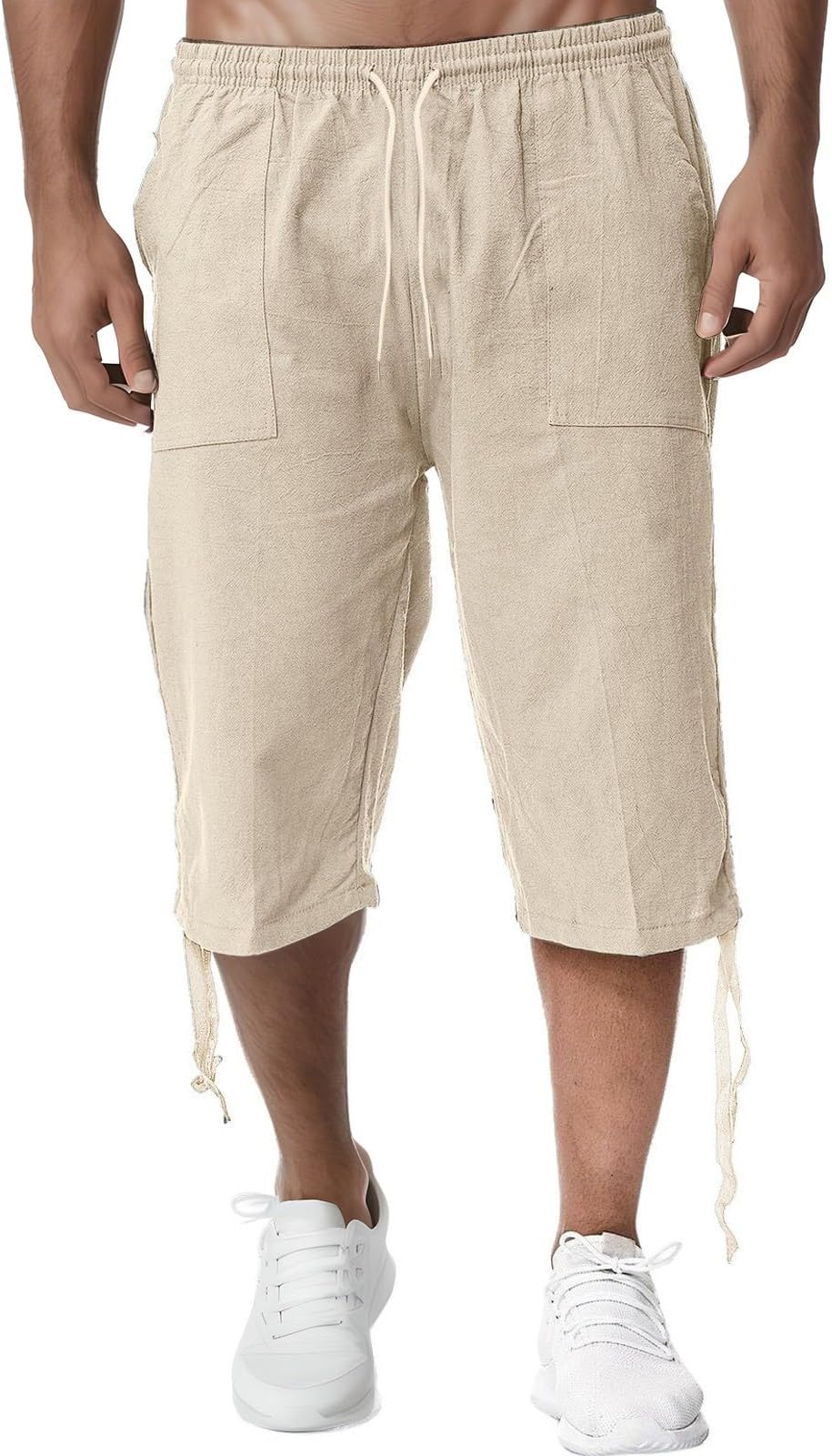 Linen Shorts Men 3/4 Length Pants Summer Trousers with Pockets Elasticated Waist Beach Yoga Joggers Casual Sweatpants