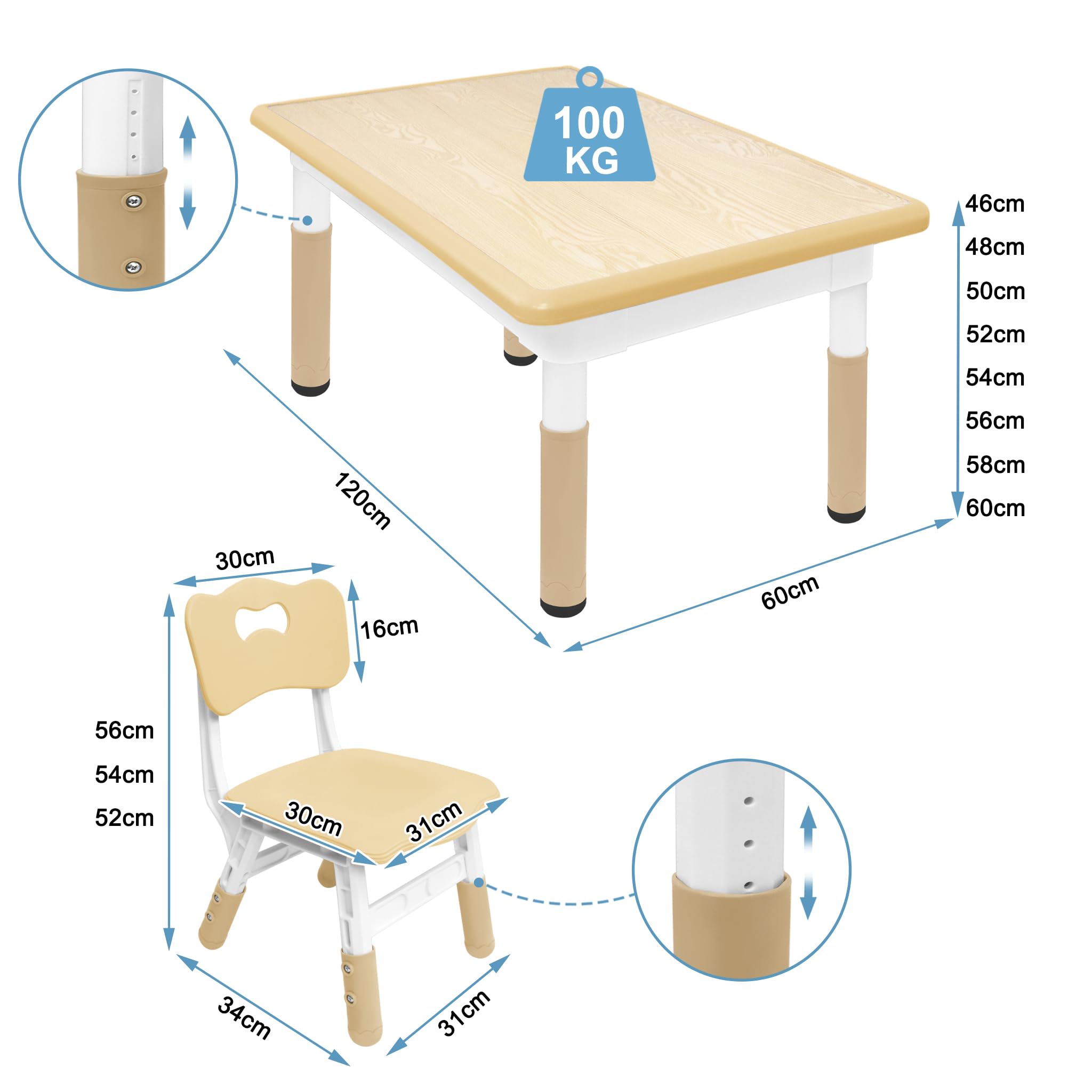 AufuN Tavolo per bambini con 4 sedie, set di seggiolini per bambini, regolabile in altezza, per asilo e cameretta dei bambini, facile da pulire, per aule, mobili in plastica, marrone