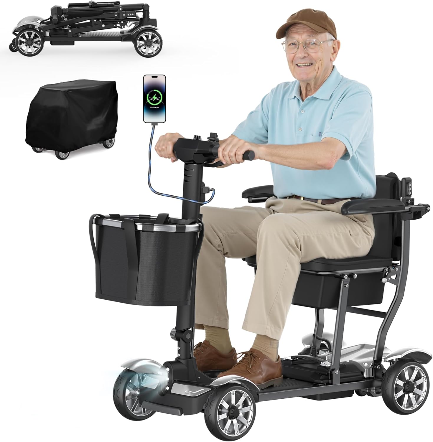 4 Wheels Mobility Scooters for Seniors,39LBS Light Frame&350LBS Capacity&15 Miles Travel Range&270W Brushless Motor Powered Wheelchair Folding Electric Scooter&LED Light&Dust Cover&Auto Brake-(Silver)