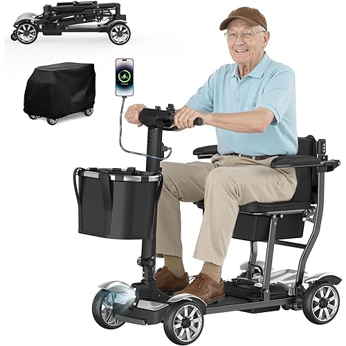 4 Wheels Mobility Scooters for Seniors, 39LBS Light Frame&350LBS Capacity&30 Miles Travel Range&270W Brushless Motor Powered Wheelchair Folding Electric Scooter&LED Lights&Dust Cover&Auto Brake-Silver