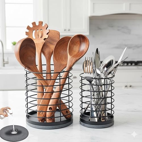 Juego de 2 soportes para utensilios, soporte grande de metal para utensilios de cocina y cubiertos pequeños con base de piedra de diatomita, evita