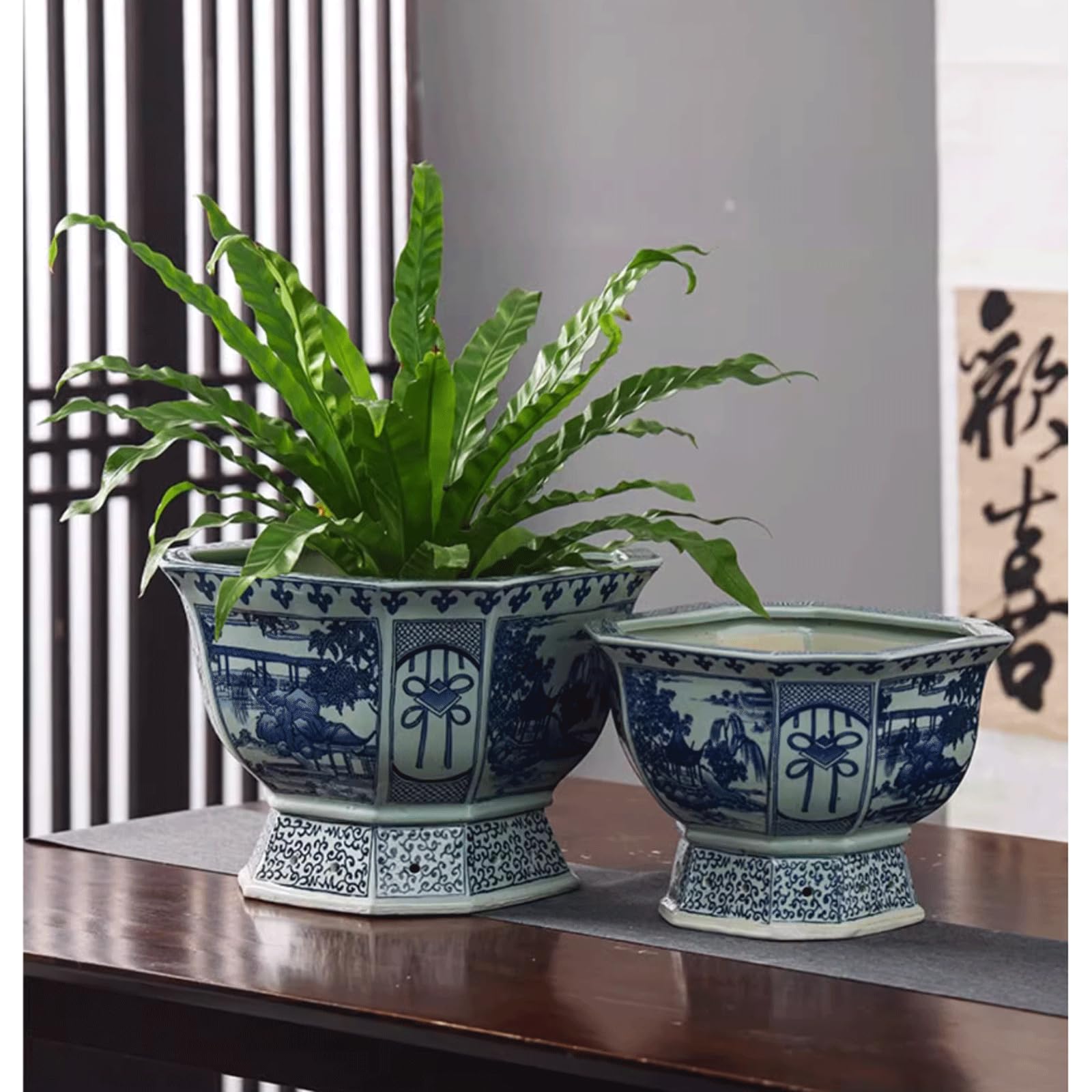 Niebieski i biały sześciokątny kwiatowy porcelanowy doniczka Chinoiserie Jingdezhen ceramiczna doniczka z otworem drenażowym chiński azjatycki design doniczka do wewnątrz i na zewnątrz