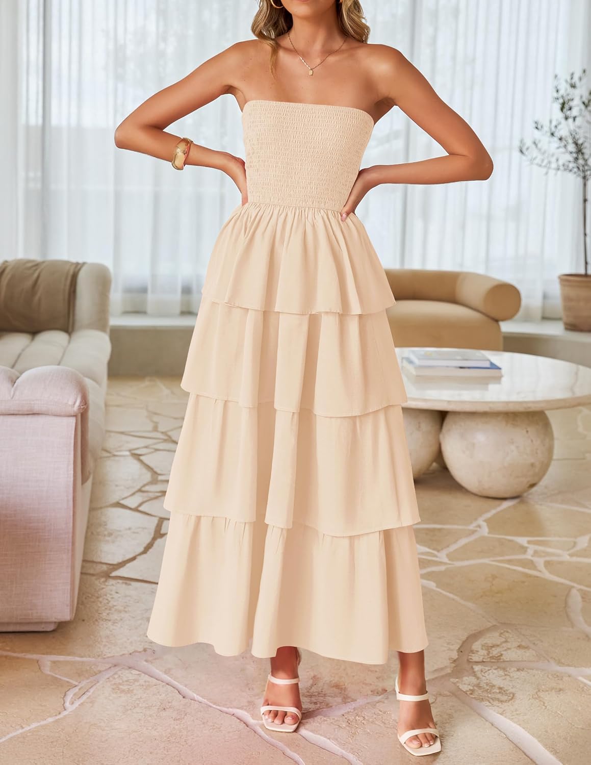 ZESICA Women‘s Summer Boho Strapless Maxi Dress 2026 Casual Sleeveless Off Shoulder Smocked Tiered Beach Long Sundress - Image 2