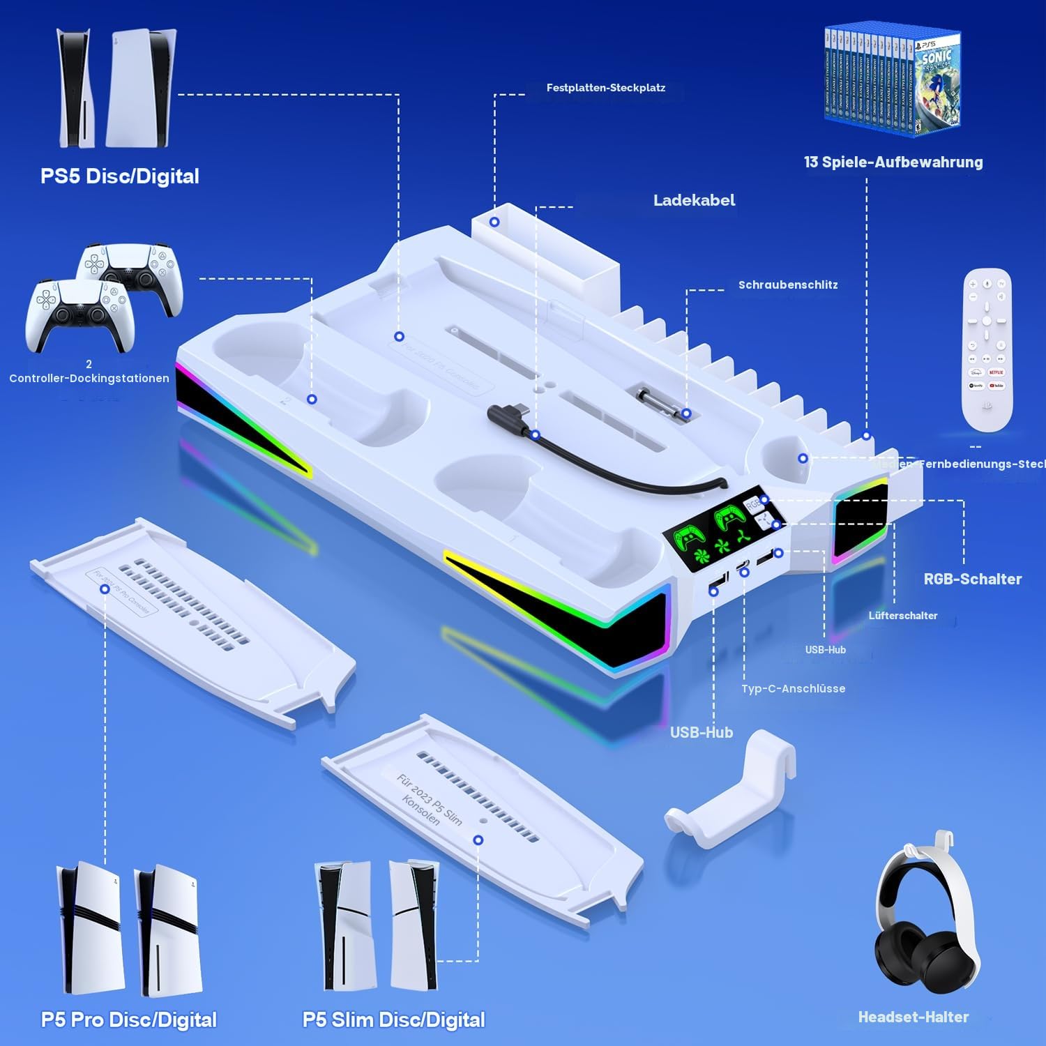 PS5/Slim/Pro Ständer und Kühlstation mit Dual-Controller-Ladestation für PlayStation 5 Konsole, PS5-Zubehör inkl. Controller-Ladegerät, Lüfter, Headset-Halterung, Weiß