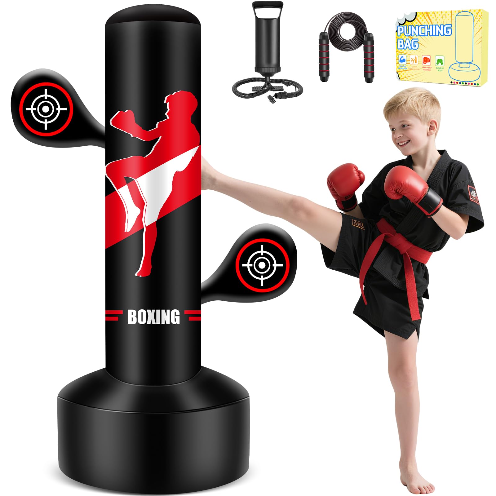 Saco Boxeo niños, Set de Boxeo con Bomba y Cuerda para Saltar Saco de Boxeo Hinchable Grande de 165cm, Regalos para niños y niñas de 3 a 12 años para Practicar kárate, Taekwondo