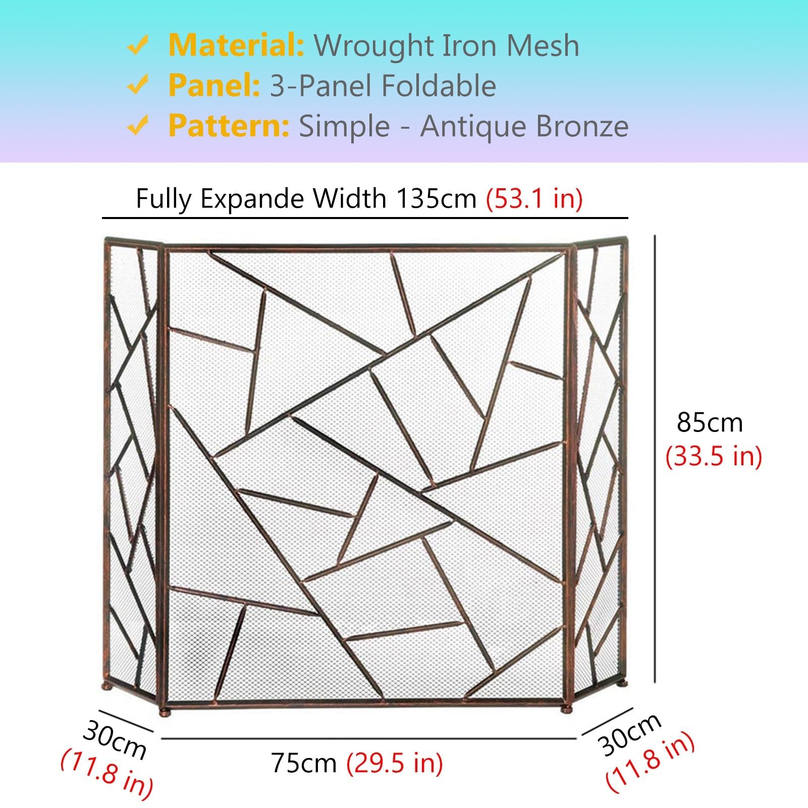 Parascintille Parascintille per Camino Pieghevole A 3 Pannelli, Grande 135×85cm, Semplice Parascintille per Fuoco A Carbone/Legna/Griglie, Bronzo Antico