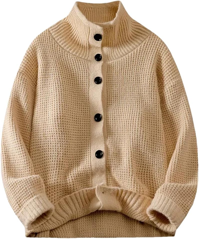 Men's High Neck Ribbed Oversized Knitted Cardigan Solid Color Casual Loose Fit Sweater Cardigan