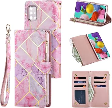 UEEBAI Wallet Case for Samsung Galaxy A71, PU Leather Case Magnetic Closure Handbag Zipper Pocket Case Kickstand Card Slots with Hand Strap Marple Flip Case for Women - Pink Purple