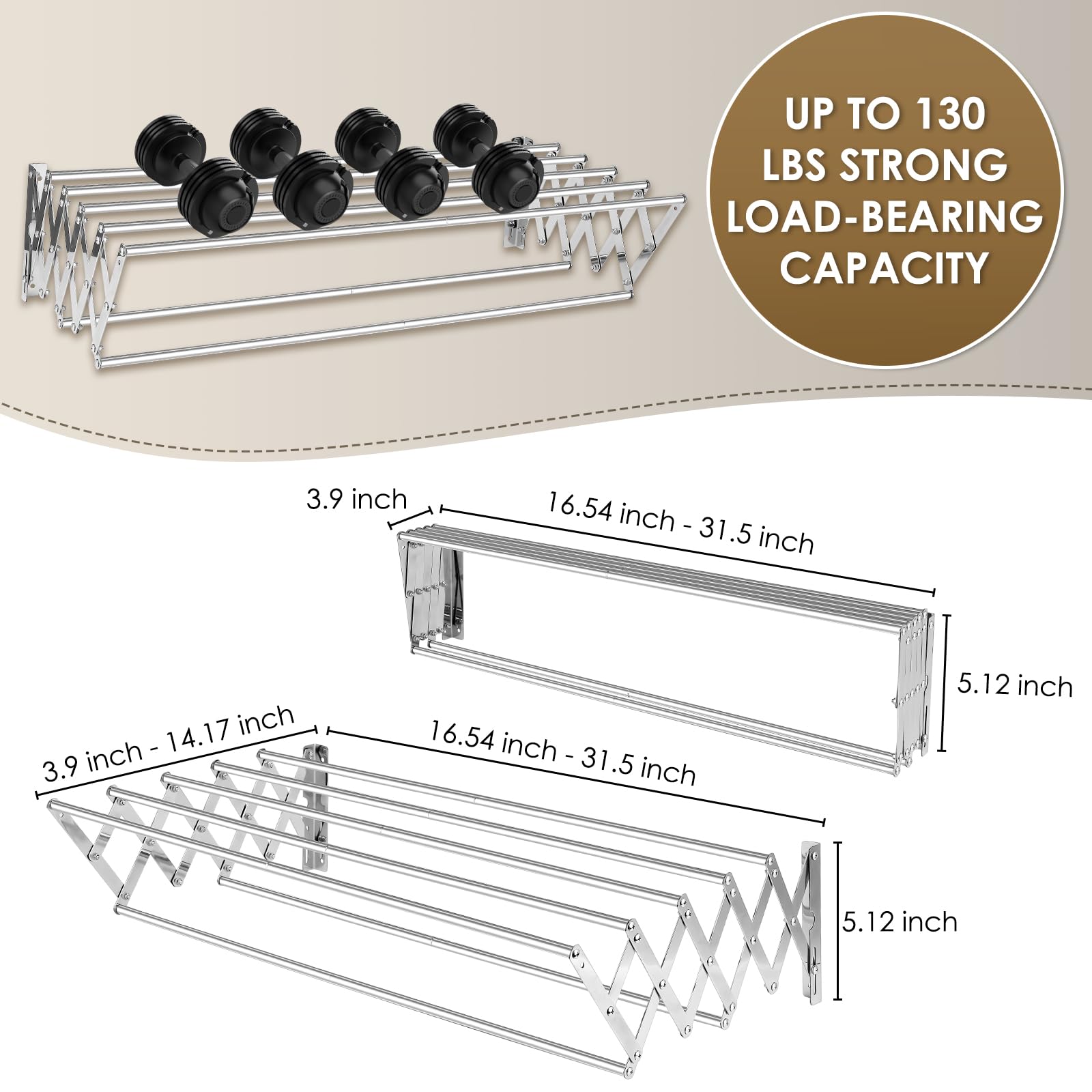 XL-31.5 pulgadas - Estante de secado de ropa para montaje en la pared, 130 libras, gran capacidad, a prueba de óxido, retráctil, estante de secado plegable, fácil de instalar con 7 varillas de secado 2