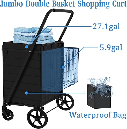 Miniatura 2 de Carrito de Compras Plegable de Servicio Pesado para Comestibles, Carritos de Comestibles Jumbo con Ruedas Giratorias de 360, Bolsa Impermeable,