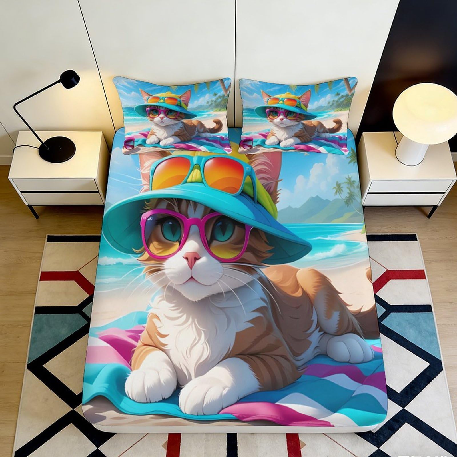 3D Printed Beach Cat Fitted Sheet Microfiber Soft Breathable Sunglasses Bed Cover for Bedroom Guest Room Decor 90x200x25cm
