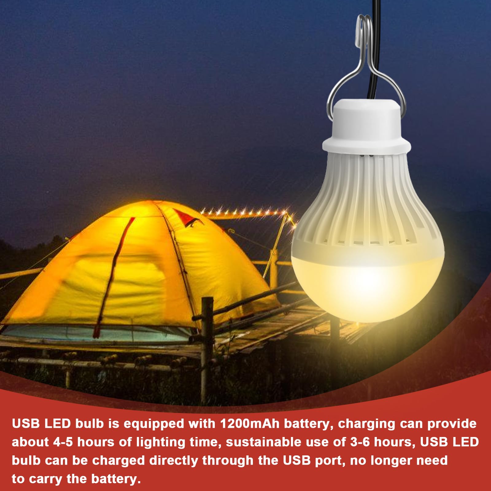 Set di 2 lampade da campeggio LED USB ricaricabili 7 W - Lampada da tenda con intensità variabile - 3 modalità di illuminazione 2700-5000 K - Luce di emergenza con gancio - Funziona con pile