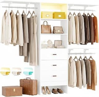 iSunirm 96" Wall Mounted Closet System with LED, Walk-In Style Wood Closet Organizer Cut to Fit 4-8FT with 3 Drawers & Top Shelf, 3 Hanging Rods, Heavy Duty 1000 LBS Storage for Bedroom, White