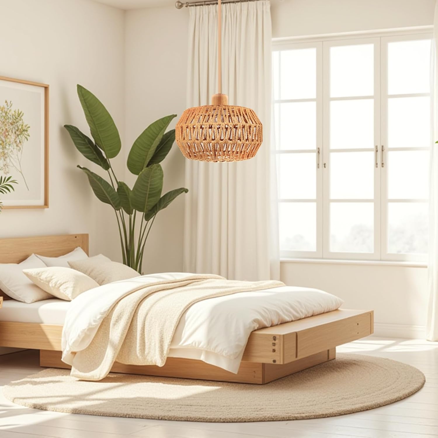 Bohemian Pendant Light 12.6in Rattan Pendant Light | Handcrafted, Height Adjustable Design Perfect for Living Room, Kitchen, Farmhouse, Hallway, Dining Room & Bedroom