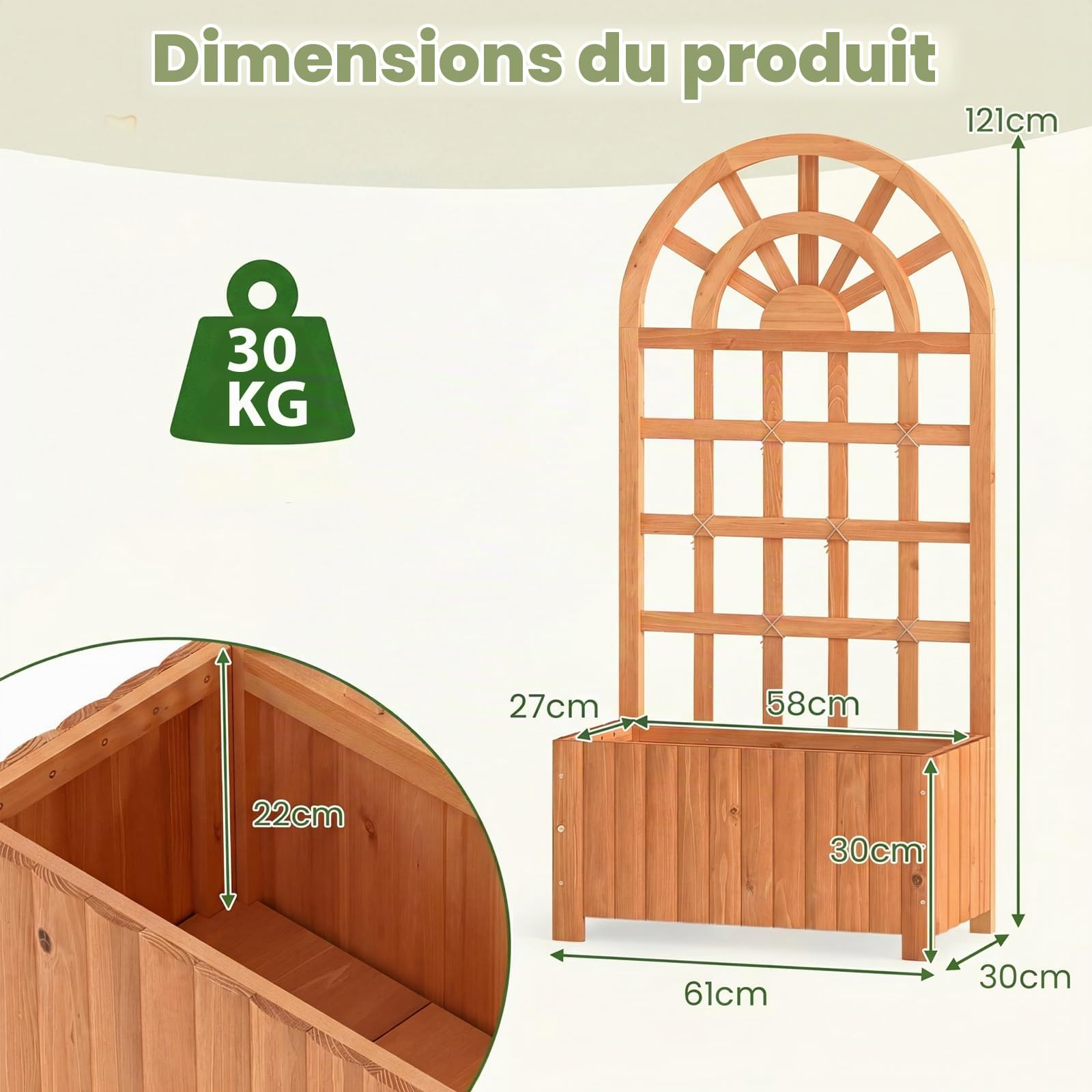 HOMASIS Jardinière avec Treillis en Bois, Carré Potager Jardinière Brise-Vue avec Trou Drainage, Lit Surélevé de Jardin, pour Plante Grimpante Vigne, Intérieur et Extérieur (Marron, 61 x 30 x 121 cm)
