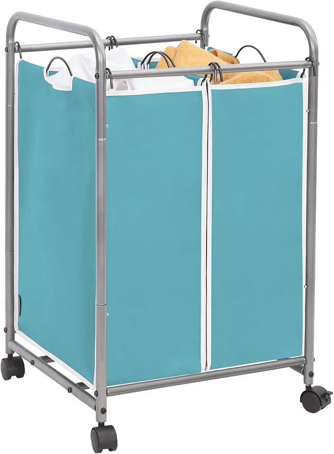 STORAGE MANIAC Laundry Sorter 2 Section, 90 L Gal Laundry Hamper with Wheels, Clothes Basket Separator Sorter, 2 Bag Clothes Cart with Wheels and Removable Bags for Closet, Dorm, Collage, Blue