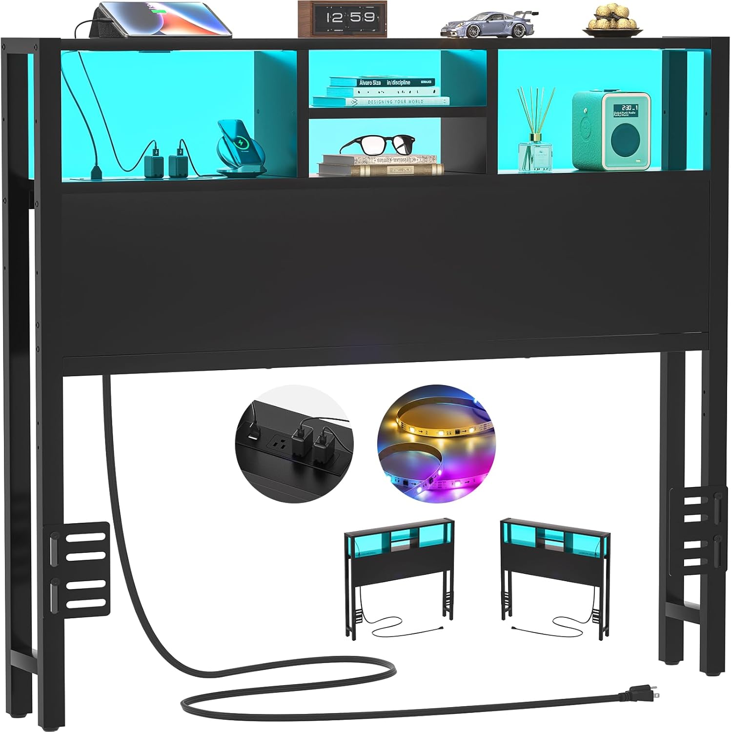 Aheaplus Headboard for Twin Size Bed with Storage, Headboards with Outlets, USB Ports and LED Light, Twin Size Head Board Only, Height Adjustable, Reversible, Sturdy and Stable Headboard, Black Twin Wood Black