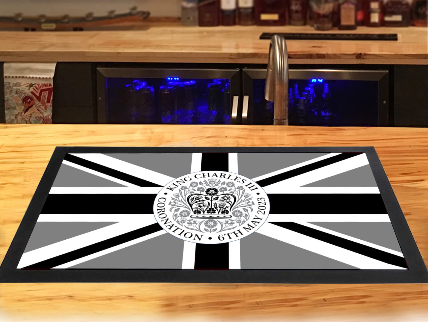 King Charles III Coronation Bar Runner, Crown Emblem Royal Souvenir british GREY Union Jack flag Home Bar