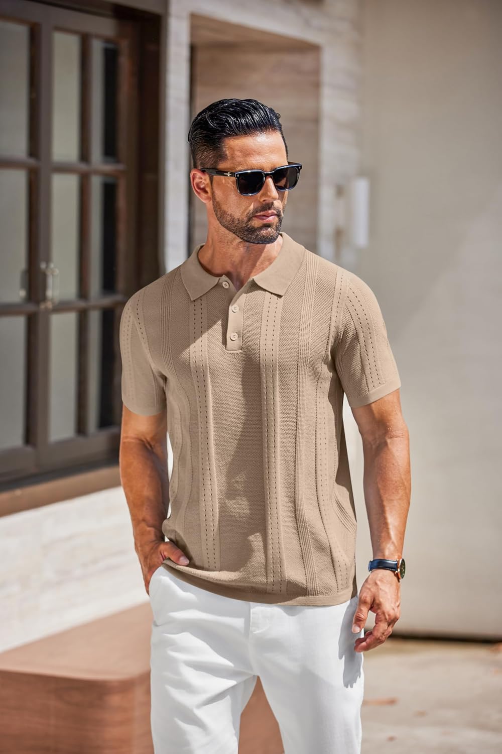 COOFANDY Mens Knit Polo Shirts Short Sleeve Textured Button Down Polo Shirt Cuban Guayabera Summer Beach Shirts