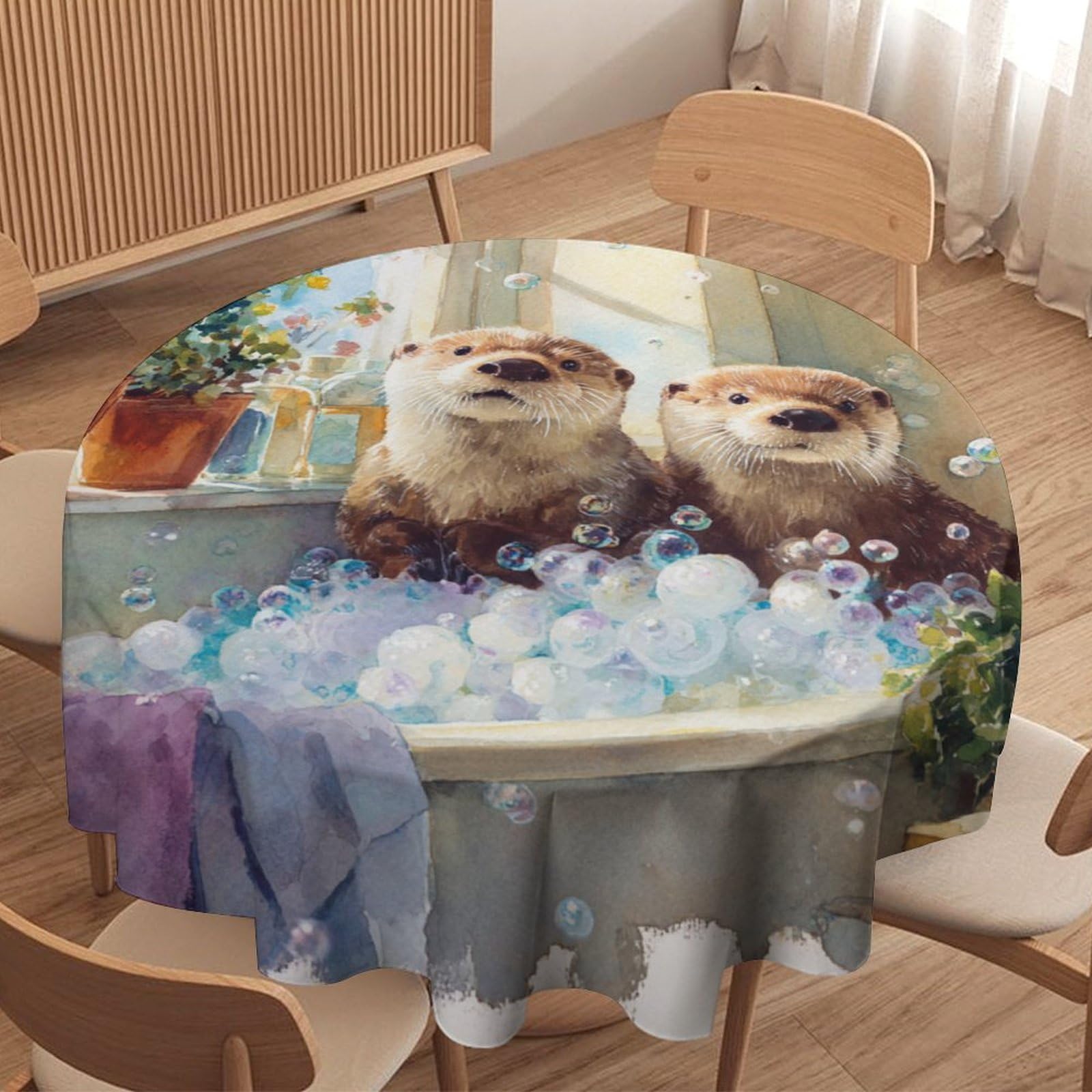 LUYYSKY Vintage Cute Otters Waterproof Round Tablecloth Modern Oil Painting Bathroom Art Animal Otters Pattern Washable Table Cover for Kitchen-177.8" Wx177.8 L cm