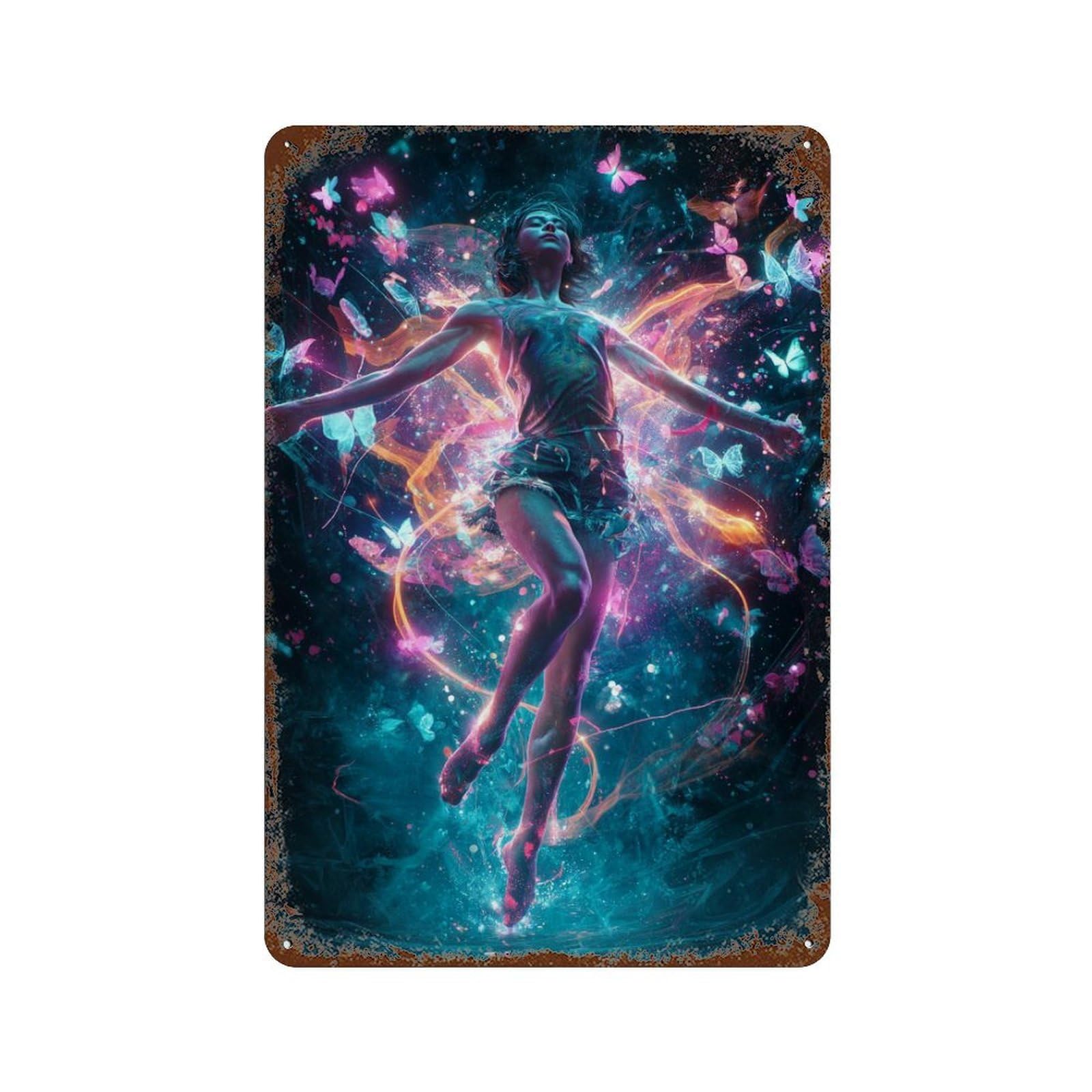 Rust Effect Enchanted Butterfly Dance Rusty Metal Tin Sign 11.8"x7.9", Industrial Home Decor for Living Room, Hallway And Home Decor