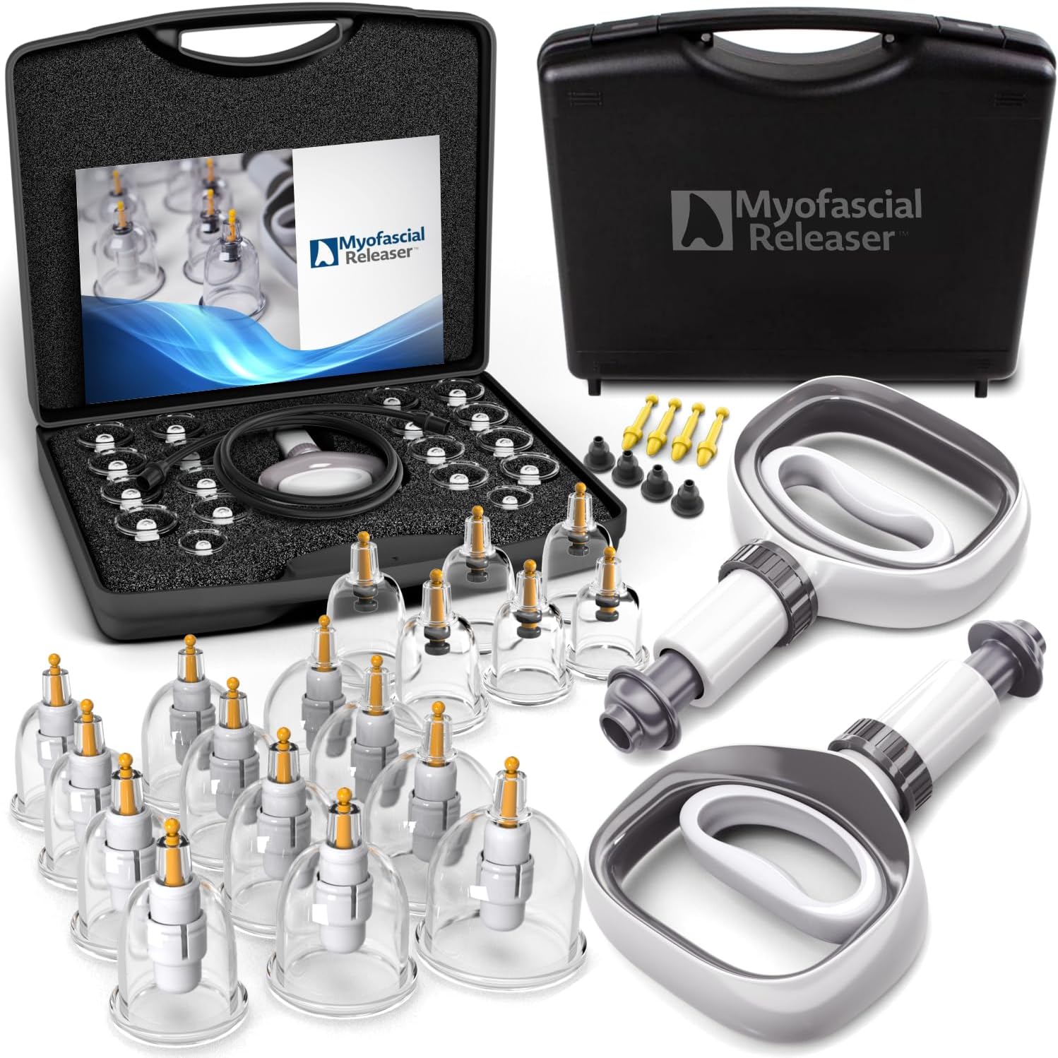 Myofascial Releaser Professional Cupping Therapy Set - 18 Multi-Sized Vacuum Cups with Two Hand Pumps