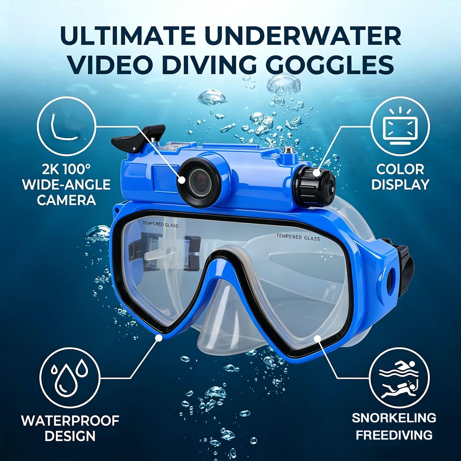 Occhialini da Sub con Fotocamera 2K, Occhialini da Sub 15M | Obiettivo Grandangolare da 100° Impermeabile, Stabilizzazione Elettronica Dell'immagine, Connessione App per Snorkeling Apnea