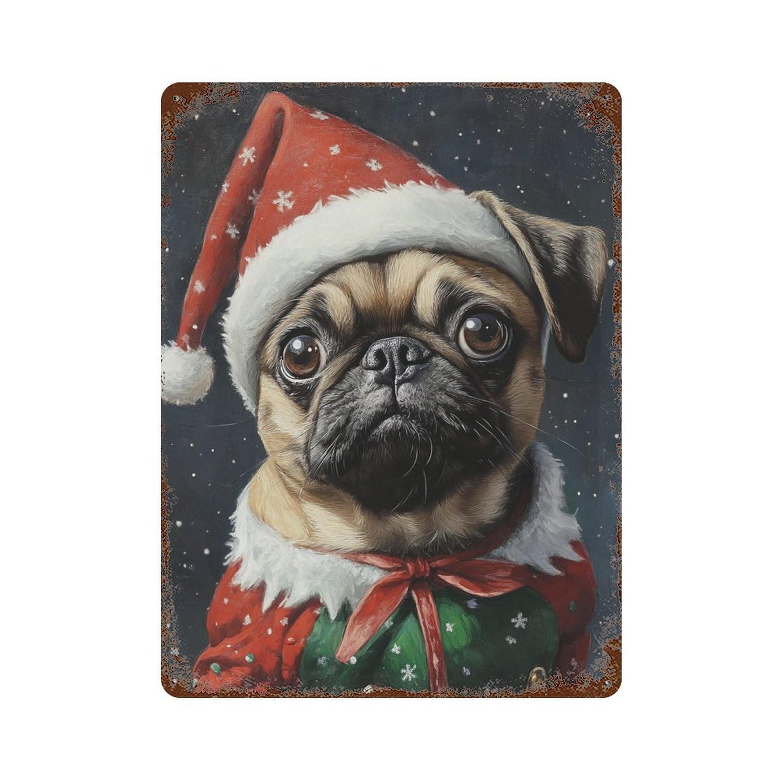 Christmas Pug in Santa Hat Vintage Metal Tin Sign 15.7"x11.8", Ideal for Living Room, Hallway And Home Decor
