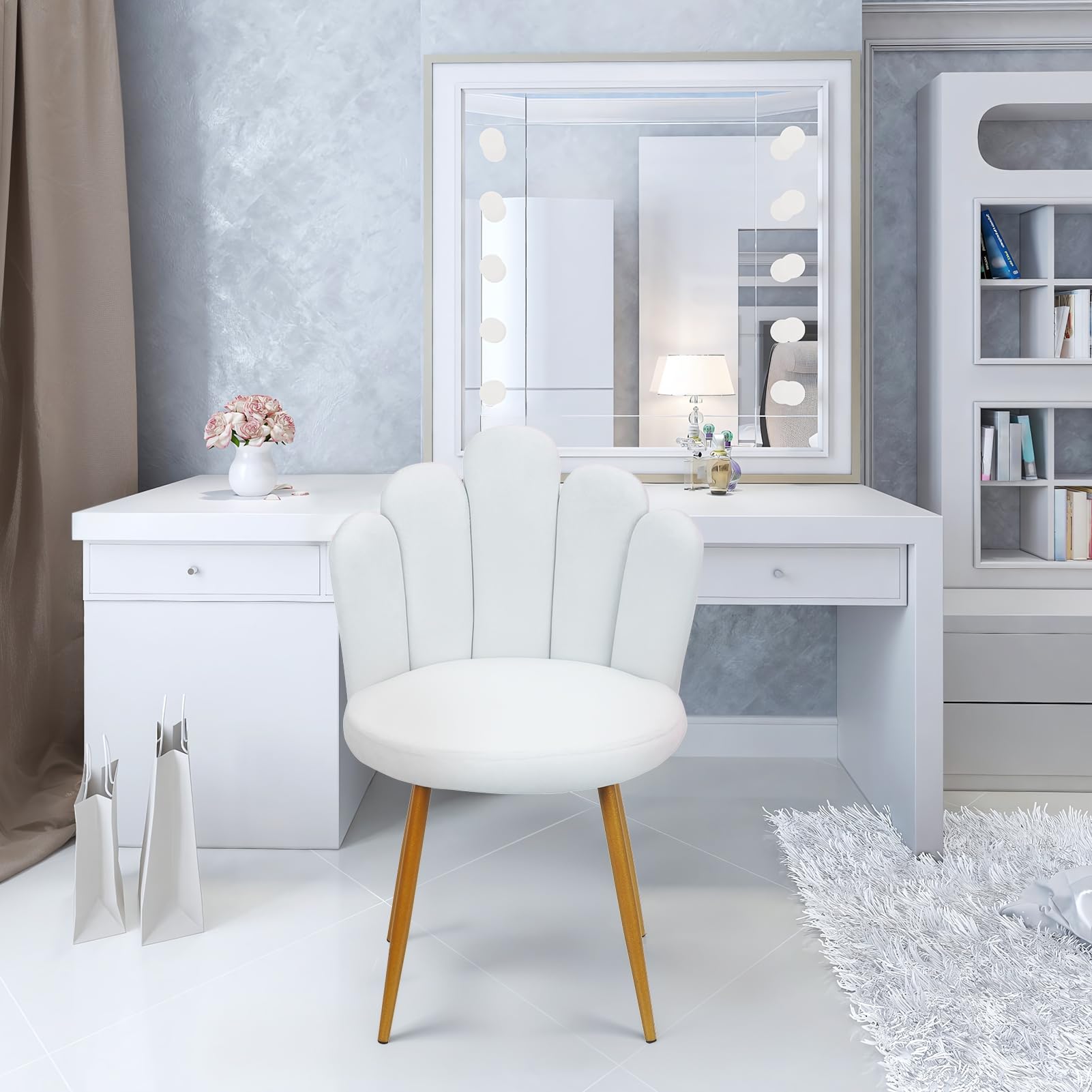 Chaise de vanité Moderne pour Salle de Maquillage, Chaise en Velours de Style Nordique avec Support arrière, Jambe en métal, pour Chambre à Coucher Blanc