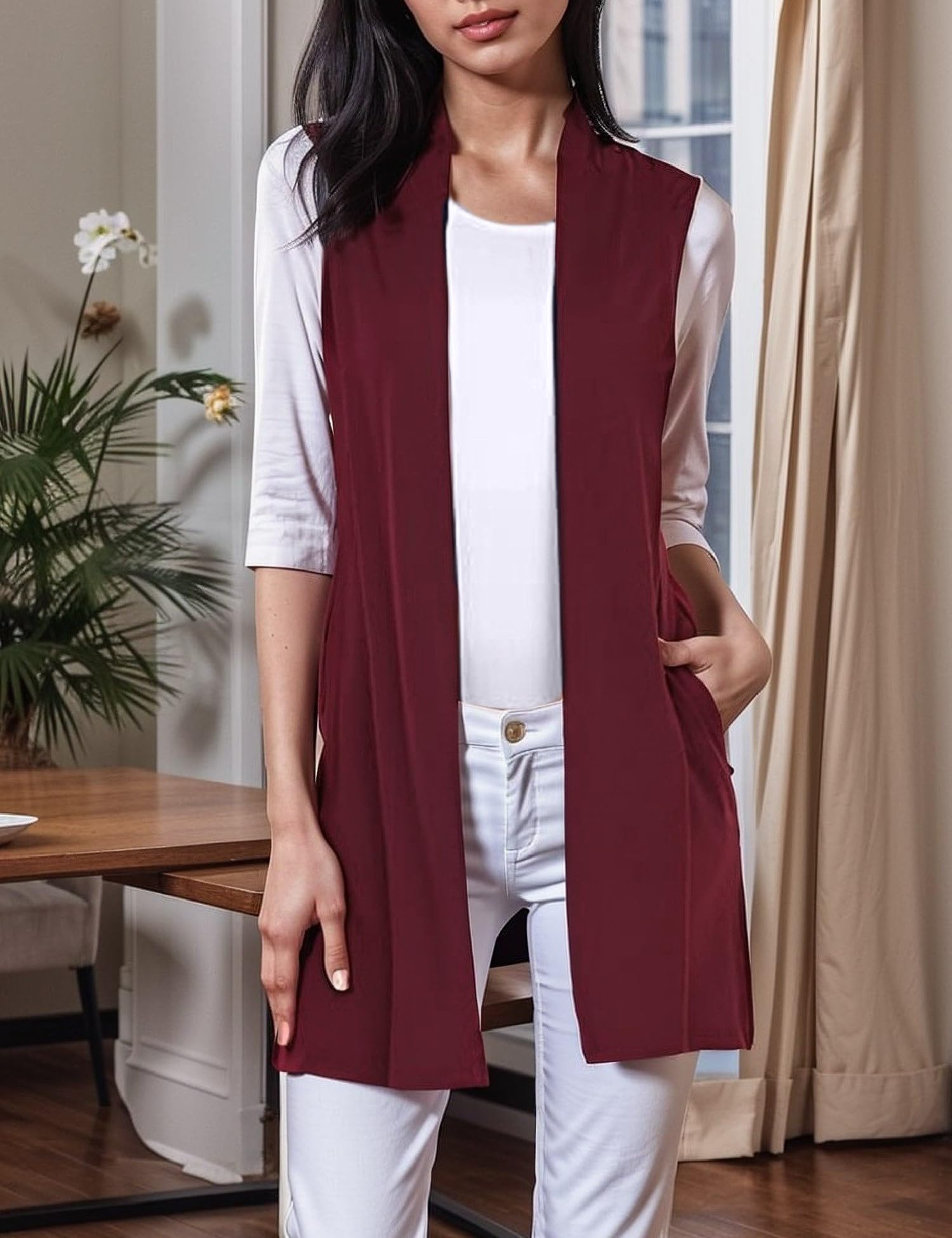 Women's Open Front Cardigan Vest Sleeveless Draped Long Vest with Side Pockets