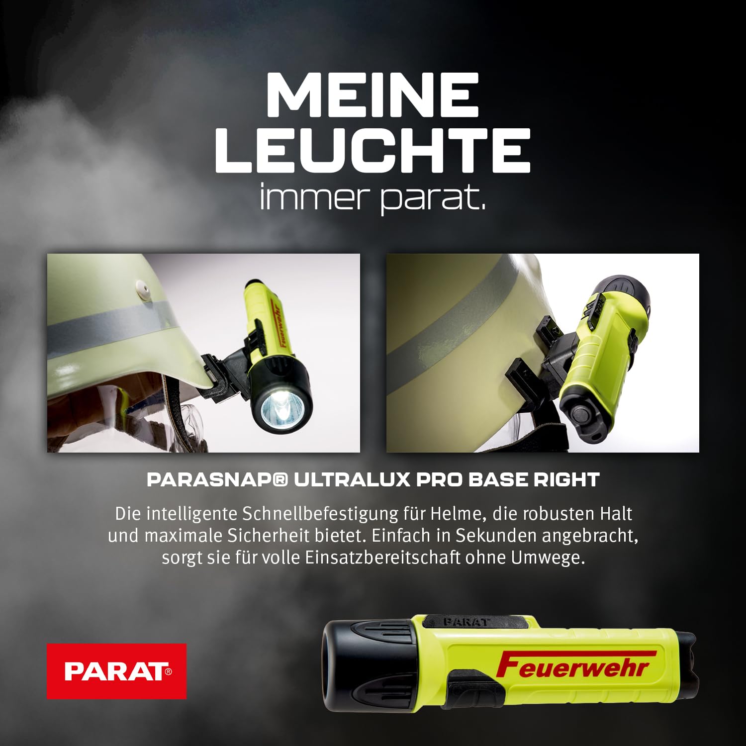 PARAT PARALUX® PX1 FEUERWEHR Set für Schuberth F120 Pro/F130 Rechts | LED Arbeitsleuchte mit 120 Lumen | EX-geschützte LED Taschenlampe | Wasserdichte Helmlampe | inkl. Batterien, Adapter & Halterung