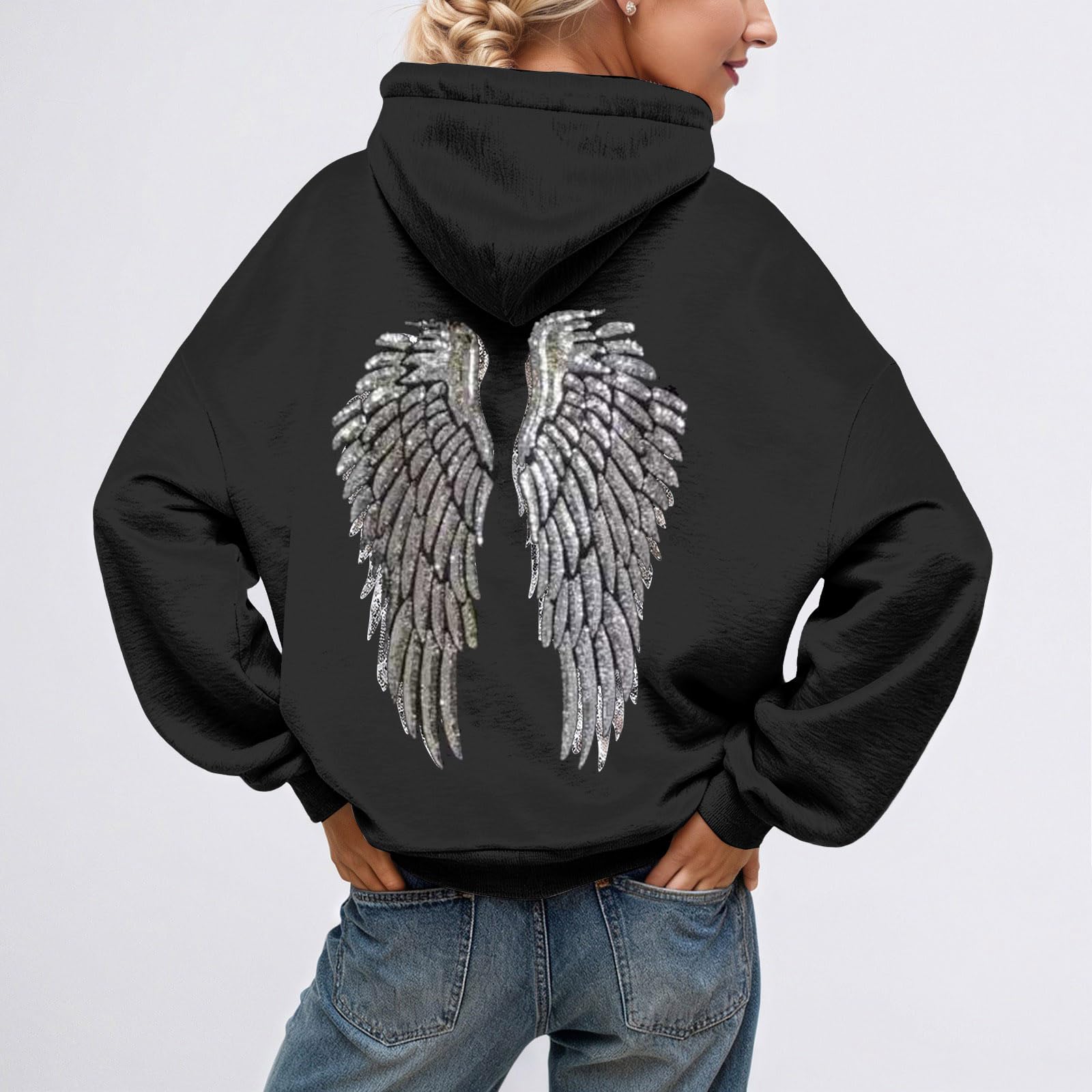 Sweat à Capuche Femme pailleté avec Ailes d'ange, Coupe Oversize Tendance Automne-Hiver, Pull Hoodie Confortable et décontracté, Style Streetwear Y2K, Festivals et Sorties Entre Amis
