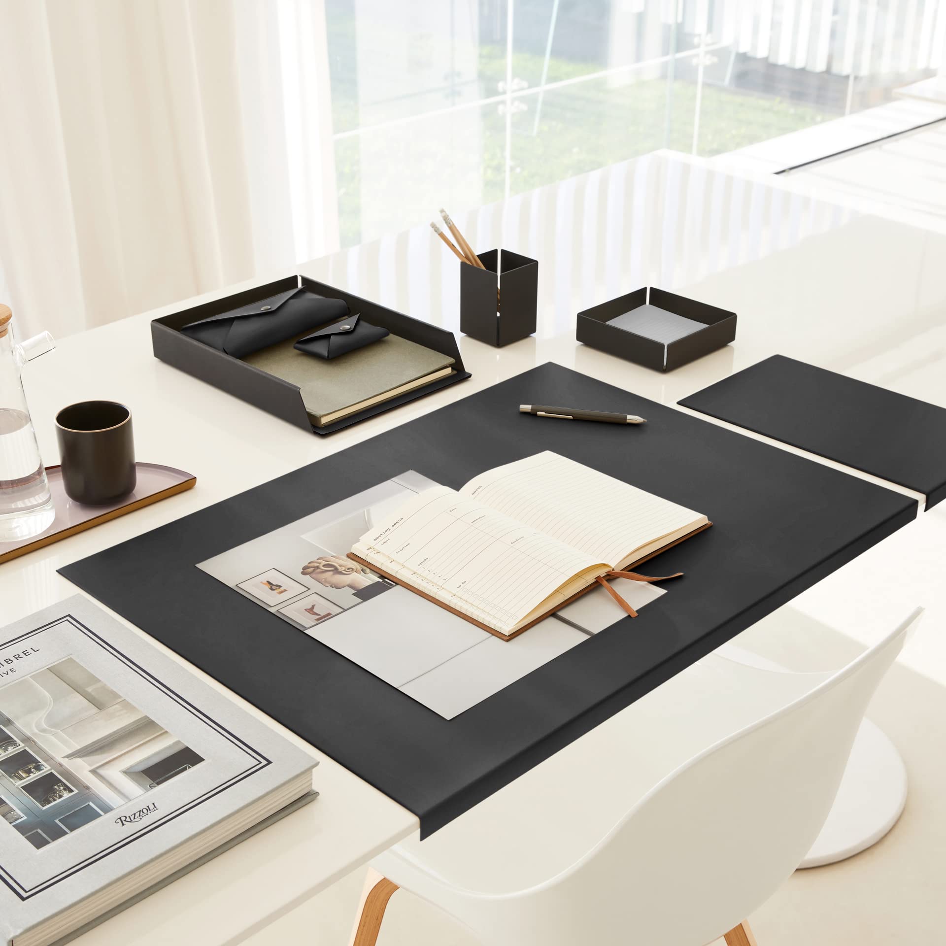 Eglooh - Moire - Ablagefächer Stapelbar für Schreibtisch und Büro mit Struktur aus schwarzem Stahl - Innerer Boden aus Leder Schwarz - DIN A4 cm 32,5 x 24,2 x H.5 - Made in Italy